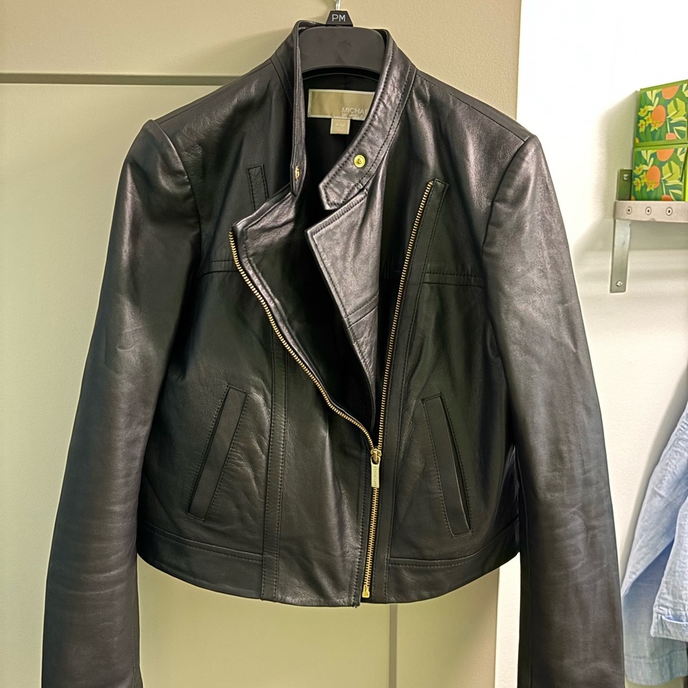 MICHAEL Michael Kors Black Leather Asymmetric Moto Jacket with Gold Hardware
